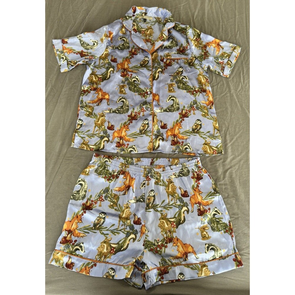 Their Nibs Women’s L 2pc Blue Animal Print Pajama Set Button-Front Collared